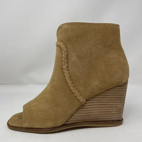 Lucky Brand Lureli Wedge Booties 9 Suede Open Toe Stacked Heel Leather Tan - Picture 3 of 8
